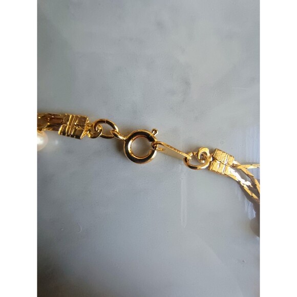 Vintage Women's Faux Pearl Four Chain Braided Gold Tone Necklace - Picture 4 of 5